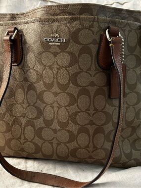 COACH Brown Signature Canvas Tote with Leather Trim